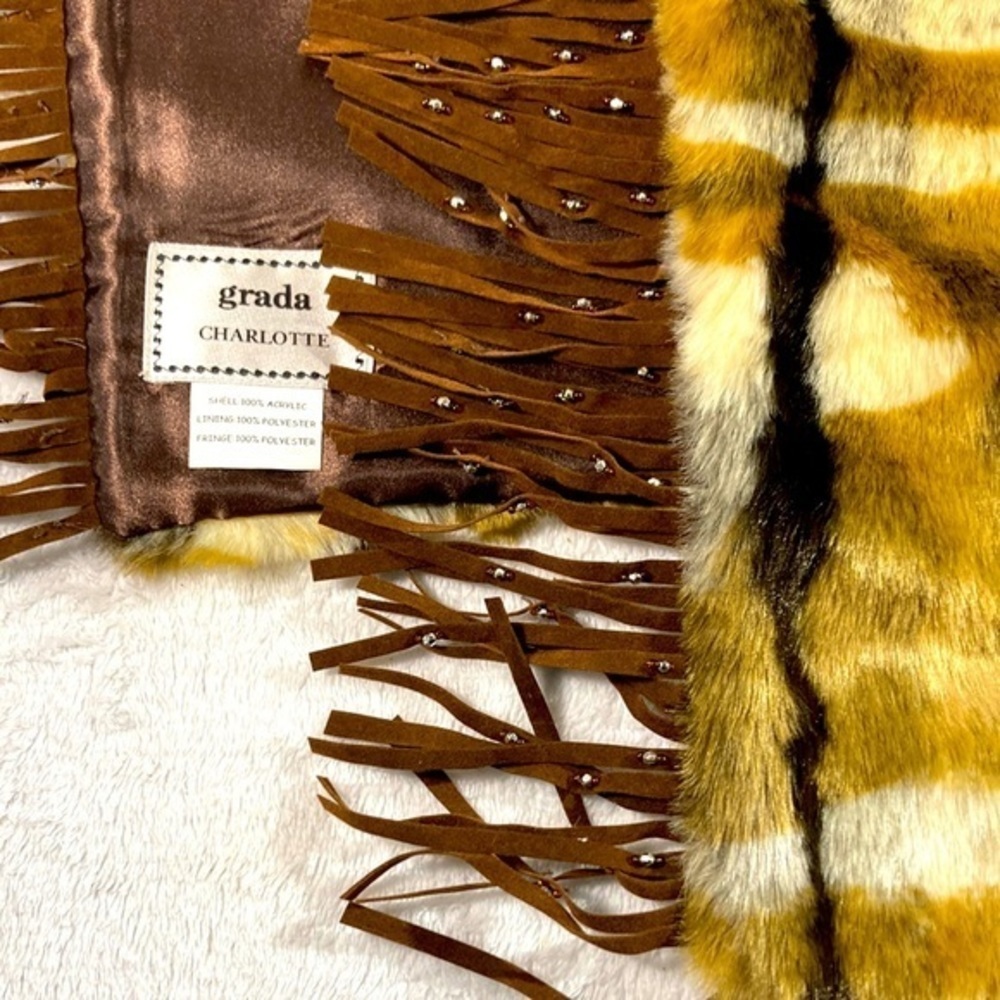 Grada Charlotte Woman’s Brown Striped Faux Fur Fringed Wray/Shaw - Picture 5 of 6